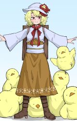  1girl animal_on_head baby_animal backpack bag bird blonde_hair boots brown_boots chick closed_mouth commentary_request disguise fe_(tetsu) full_body grey_hat grey_shirt hat highres long_hair long_sleeves looking_at_viewer neckerchief niwatari_kutaka on_head orange_skirt outstretched_arms red_eyes red_hair red_neckerchief shirt short_hair skirt smile solo spread_arms standing touhou 