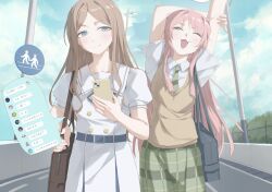  2girls :3 ave_mujica_(bang_dream!) bag bang_dream! bang_dream!_it's_mygo!!!!! blush brh brown_bag brown_hair brown_sweater_vest cellphone chat_log chihaya_anon chinese_commentary chinese_text closed_mouth commentary_request fang green_necktie green_skirt grey_eyes haneoka_school_uniform highres kaname_raana logo misumi_uika multiple_girls mygo!!!!!_(bang_dream!) nagasaki_soyo necktie one_eye_closed open_mouth phone plaid_clothes plaid_skirt school_uniform shiina_taki shoulder_bag sidelocks skirt smartphone sweater_vest takamatsu_tomori togawa_sakiko translation_request tsukinomori_school_uniform wakaba_mutsumi yahata_umiri yuutenji_nyamu 