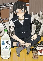  1girl angry arm_tattoo black_hair black_vest blood blood_on_clothes bright_pupils bug cigar clothes_hanger cockroach coffee_mug commentary cup dirty_socks g97785419g glaring grey_socks hair_ornament hairclip highres jewelry jimoto_saikou koharu_(jimoto_saikou) korean_text long_hair mug necklace socks solo solo_focus staring tattoo torn_clothes torn_socks towel untranslatable_commentary vest white_pupils wooden_floor 