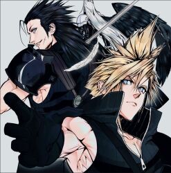 3boys 547v1 armor black_coat black_gloves black_hair black_shirt black_vest black_wings blonde_hair blue_eyes closed_mouth cloud_strife coat commentary cross_scar english_commentary falling_feathers feathered_wings feathers final_fantasy final_fantasy_vii final_fantasy_vii:_advent_children gloves grey_background grey_hair hair_between_eyes hair_slicked_back long_hair male_focus multiple_boys muscular muscular_male outstretched_hand parted_lips pauldrons popped_collar ribbed_shirt ribbed_vest scar scar_on_cheek scar_on_face sephiroth shirt short_hair shoulder_armor sideburns single_pauldron single_wing sleeveless sleeveless_turtleneck smile spiky_hair suspenders turtleneck upper_body vest wings zack_fair 