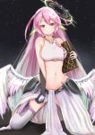  1girl angel_wings blush book breasts feathered_wings gloves halo highres jibril_(no_game_no_life) large_breasts long_hair low_wings magic_circle midriff multicolored_hair navel no_game_no_life pink_hair sideboob smile solo thigh-highs white_wings wing_ears wings yoshino_(yoshino-yoshii) 