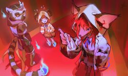  1girl 2boys animal_ears animal_feet back_bow barefoot black_boots black_shorts blood blood_on_clothes blood_stain blue_bow blue_bowtie blue_eyes blue_fire book boots bow bowtie brown_horns brown_skirt claws coat collared_coat collared_shirt colored_sclera commentary_request curled_horns dog_ears dog_girl dog_tail door dress_shirt ears_through_hood eyelashes favnvs_(s910a_ib6) fiery_tail fire from_behind full_body furry furry_female furry_male goat_boy goat_horns hair_between_eyes hair_over_shoulder hallway hand_on_own_hip highres hitodama holding holding_beaker holding_book hood hood_down hood_up hooded_coat hooded_jacket hoodie horns horns_through_hood indoors jacket knee_boots lace-up_boots lapels large_ears lemur_boy lemur_ears lemur_tail long_hair long_sleeves looking_at_another looking_at_object miniskirt multiple_boys notched_lapels orange_bow original pleated_skirt purple_hoodie red_carpet red_hair shadow shirt shorts skirt sleeves_past_fingers sleeves_past_wrists snout sweatdrop tail triangular_headpiece two-sided_fabric two-sided_sleeves walking white_coat white_shirt wide_sleeves yellow_jacket yellow_sclera 