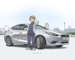  2girls adjusting_eyewear car commentary_request driving_instructor facing_viewer glasses highres jacket jetbrick license_plate mazda mazda_axela motor_vehicle multiple_girls original outdoors pants smile sparkle track_jacket track_pants track_suit vehicle_focus white_car 