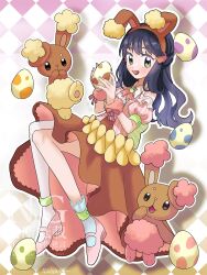  1girl :d absurdres alternate_color animal_ear_hairband animal_ears blue_hair bow brown_eyes brown_fur brown_skirt buneary collared_shirt detached_sleeves egg fake_animal_ears full_body green_bow hairband highres hikari_(pokemon) jacket long_hair looking_at_viewer open_mouth pawpads pink_fur pink_jacket pink_shoes pokemon pokemon_(creature) pokemon_diamond/pearl/platinum puffy_short_sleeves puffy_sleeves rabbit sandora_(karugamo_no_e) shiny_and_normal shiny_pokemon shirt shoes short_sleeves simple_background sitting skirt smile socks white_background white_shirt white_socks wrist_cuffs 