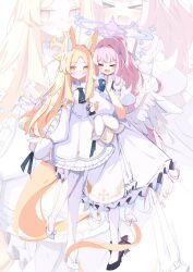  >_< 2girls angel_wings animal_ear_fluff animal_ears arm_hug ayahosiyuki black_shoes blonde_hair blue_archive blue_eyes blue_halo blush capelet closed_mouth commentary cross_halo detached_sleeves dot_nose dress ear_wreath flower flower_wreath fox_ears fox_girl fox_tail frilled_dress frills gradient_eyes gradient_halo hair_flower hair_ornament hair_scrunchie halo high_heels highres long_hair low_wings medium_dress mika_(blue_archive) multicolored_eyes multicolored_halo multiple_girls open_mouth pantyhose petticoat pink_eyes pink_hair pink_halo pumps ribbon sailor_collar scrunchie seia_(blue_archive) shoes skirt sleeveless sleeveless_dress sleeves_past_fingers sleeves_past_wrists striped_clothes striped_pantyhose tail very_long_hair white_capelet white_dress white_pantyhose white_ribbon white_sailor_collar white_shoes white_skirt wings yellow_eyes yellow_halo yellow_ribbon zoom_layer 