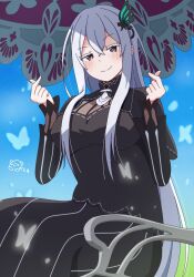  1girl black_dress blue_sky blush bug butterfly chair commentary_request dress echidna_(re:zero) grass green_butterfly grey_eyes highres kaedemarine long_hair on_chair re:zero_kara_hajimeru_isekai_seikatsu signature sky smile snapping_fingers transparent_butterfly umbrella white_hair 