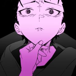  1boy 1other black_background commentary_request hand_on_another's_chin kurattes male_focus natsuki_subaru out_of_frame parted_lips portrait re:zero_kara_hajimeru_isekai_seikatsu shirt short_hair short_sideburns sideburns simple_background solo_focus very_short_hair wide-eyed 