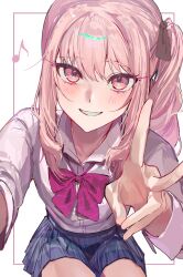  1other akiyama_mizuki blue_skirt blush bow bowtie brown_ribbon collared_shirt commentary cowboy_shot diagonal-striped_bow diagonal-striped_bowtie diagonal-striped_clothes dress_shirt eighth_note grin hair_ribbon hand_up highres kamiyama_high_school_uniform_(project_sekai) long_hair long_sidelocks long_sleeves looking_at_viewer miniskirt musical_note other_focus parted_lips pink_bow pink_bowtie pink_eyes pink_hair pink_shirt plaid_clothes plaid_skirt pleated_skirt project_sekai ribbon school_uniform shirt shirt_tucked_in side_ponytail sidelocks simple_background sitting skirt smile solo striped_bow striped_bowtie striped_clothes u1_msd v white_background 