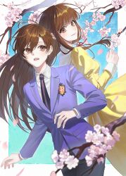 2girls absurdres back-to-back blonde_hair branch brown_eyes brown_hair cherry_blossoms commentary_request crossdressing crossdressing_(ftm) dual_persona fujioka_haruhi highres jacket long_hair long_sleeves multiple_girls necktie ouran_high_school_host_club ouran_high_school_uniform puffy_long_sleeves puffy_sleeves reverse_trap school_uniform shirt short_hair sueon00 very_long_hair 