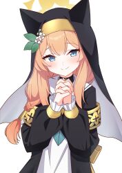  1girl armband back_bow black_veil blue_archive blue_eyes blue_neckerchief bow braid cat_girl dress flower fuyuka_natsuki hair_flower hair_ornament halo highres interlocked_fingers long_hair long_sleeves low-braided_long_hair low-tied_long_hair mari_(blue_archive) neckerchief nun_headdress orange_hair own_hands_clasped own_hands_together sailor_collar simple_background smile upper_body veil white_background white_sailor_collar yellow_bow yellow_halo 