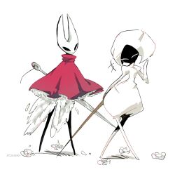  2girls arthropod_girl black_eyes black_skin bodysuit cloak closed_eyes colored_skin feathered_wings feathers full_body hat holding_weapon hollow_eyes hollow_knight hollow_knight:_silksong hornet_(hollow_knight) horns lace_(hollow_knight) multiple_girls needle_(hollow_knight) petals pin_(hollow_knight) red_cloak simple_background thread walking weapon_behind_back white_bodysuit white_rose white_wings wings zahanh 