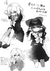  2girls absurdres bow bowtie commentary_request contemporary greyscale hair_tie_in_mouth hakurei_reimu highres kirisame_marisa loafers long_hair long_sleeves monochrome mouth_hold multiple_girls pleated_skirt puffy_short_sleeves puffy_sleeves sailor_collar school_uniform shirt shoes short_sleeves skirt socks speech_bubble squiggle sweatdrop sweater touhou translation_request tying_hair yomogi_9392 