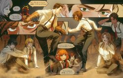  1other 4girls 6+boys black_gauntlets breasts cheering cigarette commentary_request crossover dancing dante_(limbus_company) faust_(project_moon) glasses gregor_(project_moon) heathcliff_(project_moon) highres holding holding_tablet_pc ishmael_(project_moon) kneeling large_breasts limbus_company long_sleeves meursault_(project_moon) motion_lines multiple_boys multiple_girls necktie object_head orange_hair outis_(project_moon) oxy_(ho2) parody project_moon red_necktie rodion_(project_moon) rrr_(movie) scene_reference shirt sinclair_(project_moon) sitting sleeves_rolled_up smoking speech_bubble suspenders sweat tablet_pc translation_request white_shirt yi_sang_(project_moon) 
