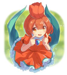  1girl brooch commentary_request cropped_legs double-parted_bangs dress flower frilled_dress frills hair_flower hair_ornament hands_up jewelry leaf leaning_forward looking_at_viewer medium_hair open_mouth orange_dress orange_eyes orange_flower orange_hair orange_tulip pimyuhuwa pointing pointing_at_self puffy_short_sleeves puffy_sleeves puyopuyo puyopuyo_quest short_sleeves smile solo standing tulie_(puyopuyo) tulip v-shaped_eyebrows 