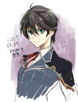  1boy black_hair blue_eyes dated earrings horikawa_kunihiro jewelry kyouta_(a01891226) looking_at_viewer male_focus military military_uniform short_hair signature simple_background sketch solo touken_ranbu uniform upper_body white_background 