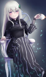  1girl black_background black_dress breasts bug butterfly butterfly_hair_ornament chair commentary_request cup dress echidna_(re:zero) glowing green_butterfly hair_between_eyes hair_ornament highres light_particles long_hair looking_at_viewer medium_breasts mochio_520 re:zero_kara_hajimeru_isekai_seikatsu smile solo spilled_drink teacup white_hair 
