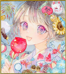  1girl amu_(m_aa) black_hair blue_flower candy_apple chocolate-covered_food chocolate_banana commentary_request fish flower food fruit goldfish hair_flower hair_ornament hand_fan highres holding holding_candy_apple holding_food japanese_clothes kimono lantern morning_glory multicolored_eyes open_mouth original outdoors painting_(medium) paper_fan poi_(goldfish_scoop) portrait purple_kimono ramune shikishi short_hair smile solo summer_festival sunflower takoyaki traditional_media uchiwa watercolor_(medium) watermelon watermelon_slice wind_chime_earrings 