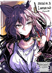  1girl animal_ears arknights bare_shoulders black_boots boots breasts brown_hair brown_jacket character_name dated dress english_text fingerless_gloves fur-trimmed_jacket fur_trim gloves gnome_(gnome_0000) hair_between_eyes hair_ornament highres jacket large_breasts lunacub_(arknights) medium_hair mole mole_on_shoulder one-hour_drawing_challenge open_clothes open_jacket parted_lips sleeveless sleeveless_dress tail tassel tassel_hair_ornament twitter_username white_dress wolf_ears wolf_girl wolf_tail yellow_eyes 