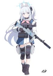  1girl absurdres black_boots black_bow black_gloves blue_archive blue_serafuku blue_shirt blue_skirt blue_socks blush boots bow braid commentary_request floating_hair full_body gloves grey_hair gun hair_between_eyes hair_bow halo headgear headset highres holding holding_gun holding_weapon knee_pads long_hair long_sleeves miyako_(blue_archive) neckerchief one_side_up oto_jampan pink_neckerchief pleated_skirt puffy_long_sleeves puffy_sleeves sailor_collar school_uniform serafuku shirt signature simple_background skirt socks solo standing submachine_gun suomi_kp/-31 suppressor trigger_discipline very_long_hair violet_eyes weapon white_background white_sailor_collar 