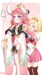  1boy 1girl ? absurdres artist_name bare_shoulders bhadra_(granblue_fantasy) black_skirt blonde_hair blush boots brown_boots check_commentary closed_eyes closed_mouth commentary_request criss-cross_straps crop_top crossdressing crossdressing_(mtf) crown detached_sleeves djeeta_(granblue_fantasy) dot_nose dress english_commentary floral_print_sleeves gauntlets gradient_sleeves granblue_fantasy headband highres holding horns jewelry karenn long_hair long_sleeves midriff miniskirt mixed-language_commentary navel open_mouth pink_dress pink_headband pink_sleeves pleated_skirt puffy_short_sleeves puffy_sleeves red_hair short_dress short_hair short_sleeves skirt spoken_question_mark teeth thigh_boots trap upper_teeth_only violet_eyes white_sleeves wide_sleeves zettai_ryouiki 