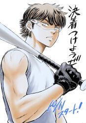  1boy absurdres baseball_bat biceps black_gloves brown_hair closed_mouth commentary_request daiya_no_ace from_side gloves goggles highres holding holding_baseball_bat male_focus miyuki_kazuya official_art short_hair sideburns simple_background solo tank_top terajima_yuuji toned toned_male translation_request upper_body white_background white_tank_top 