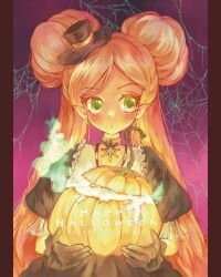 1girl black_dress blush chinese_commentary chocolat_meilleure choker commentary_request copyright_name dress earrings gloves happy_halloween hat highres holding holding_pumpkin jewelry looking_to_the_side mini_hat orange_hair pillarboxed pointy_ears puffy_short_sleeves puffy_sleeves pumpkin short_sleeves silk solo spider_web sugar_sugar_rune twintails upper_body warm_colors yanki.uu 