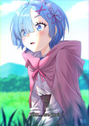  1girl artist_name blue_eyes blue_hair blue_sky blurry blurry_background blurry_foreground blush chromatic_aberration cloak collared_shirt commentary_request day eyelashes eyes_visible_through_hair grass hair_ornament hair_over_one_eye hair_ribbon highres hood hood_down hooded_cloak ison_(zonerix) long_sleeves maid_headdress mountainous_horizon open_mouth outdoors pink_cloak pink_ribbon pixiv_username re:zero_kara_hajimeru_isekai_seikatsu rem_(re:zero) ribbon shirt short_hair sky solo spoilers streaked_eyelashes subtitled underbust white_shirt x_hair_ornament 