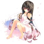  1girl arikawa_satoru bare_legs bare_shoulders barefoot black_hair blush cherry_blossoms collarbone commentary_request dress from_above long_hair looking_at_viewer looking_up off_shoulder original red_eyes sitting smile solo strap_slip very_long_hair white_dress 