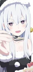  1girl absurdres bare_shoulders black_dress breasts christmas commentary_request dress echidna_(re:zero) food fruit grey_eyes hair_between_eyes hat highres light_blush long_hair looking_at_viewer medium_breasts na-suke open_mouth re:zero_kara_hajimeru_isekai_seikatsu reaching reaching_towards_viewer santa_hat solo strawberry white_background white_hair 