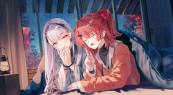  2girls absurdres ahoge ak-alfa_(girls'_frontline) blush bracelet cheeta_(girls'_frontline_2) closed_eyes earrings girls'_frontline_2:_exilium girls_frontline hair_ornament highres jacket jewelry long_hair long_sleeves mp7_(girls'_frontline) multiple_girls oil_lamp one_side_up open_mouth orange_jacket red_hair single_earring smile tololo_(girls'_frontline_2) under_covers white_hair yellow_eyes zakimpo 