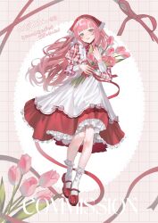  1girl 79poppo absurdres apron bouquet bow commentary commission flower frilled_socks frills full_body headscarf highres holding holding_bouquet juliet_sleeves long_hair long_sleeves mary_janes open_mouth original petticoat pink_flower pink_tulip plaid_bow plaid_clothes plaid_shirt puffy_sleeves red_headscarf red_ribbon red_shirt red_shoes red_skirt ribbon shirt shoes skeb_commission skirt smile socks solo translation_request tulip two-tone_shirt white_apron white_shirt white_socks 