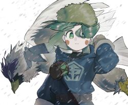  1girl bird blush_stickers bright_pupils closed_mouth fur_hat green_eyes green_hair green_hat hair_between_eyes hand_up hat hisuian_braviary jacket long_hair long_sleeves mittens pokemon pokemon_(creature) pokemon_legends:_arceus sabi_(pokemon) snowing umebosi_nigame upper_body white_background white_pupils 