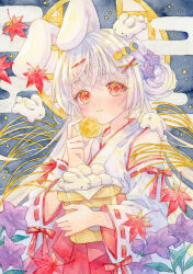  1girl absurdres amu_(m_aa) animal_ears closed_mouth clothing_cutout commentary cowboy_shot crescent crescent_hair_ornament dango flower food hair_bun hair_flower hair_ornament hairclip hakama highres holding_moon japanese_clothes kimono leaf long_hair maple_leaf moon_phases moon_rabbit night orange_eyes original outdoors painting_(medium) purple_flower rabbit rabbit_ears red_hakama red_ribbon red_trim ribbon ribbon-trimmed_sleeves ribbon_trim sanbou shoulder_cutout sky smile solo star_(symbol) susuki_grass traditional_media tsukimi tsukimi_dango wagashi watercolor_(medium) white_kimono x_hair_ornament 