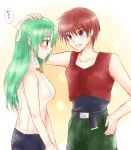  1boy 1girl belt blush brown_hair green_eyes green_hair hair_ribbon hand_on_another&#039;s_head higurashi_no_naku_koro_ni maebara_keiichi maekawa_suu ribbon sonozaki_shion tank_top translation_request turtleneck violet_eyes 