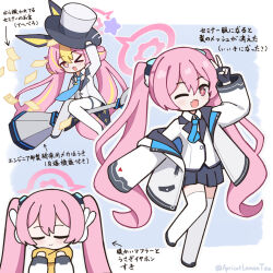  >_o 1girl :d animal_ears apricotlemontea banknote black_leotard black_shoes black_skirt blonde_hair blue_archive blue_background blue_necktie blush border broom broom_riding chibi closed_eyes coat collared_shirt commentary_request detached_collar double-parted_bangs fading_border fake_animal_ears fang flying full_body hair_between_eyes hat hat_tip jacket koyuki_(blue_archive) koyuki_(bunny)_(blue_archive) leotard long_hair long_sleeves miniskirt money multicolored_hair multiple_views necktie one_eye_closed open_clothes open_coat open_mouth outline pantyhose pink_eyes pink_hair pleated_skirt rabbit_ears scarf shirt shoes sidelocks sitting skin_fang skirt smile sparkling_eyes star_(symbol) streaked_hair thigh-highs top_hat twintails twitter_username v very_long_hair white_border white_coat white_hat white_jacket white_outline white_pantyhose white_shirt white_thighhighs yellow_scarf zettai_ryouiki 