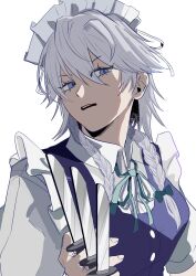  1girl apron between_fingers blue_eyes bow braid dress embodiment_of_scarlet_devil green_bow grey_hair hair_bow highres holding holding_knife izayoi_sakuya knife knives_between_fingers long_hair maid maid_headdress memphis1919810 open_mouth ribbon solo touhou twin_braids 