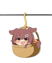  1girl :d animal_ears basket bone_hair_ornament brown_eyes brown_hair brown_tail chibi chibi_only commentary_request dog_ears dog_girl dog_tail extra_ears hair_ornament hololive in_basket in_container inugami_korone open_mouth simple_background smile solo tail teeth twumi upper_teeth_only virtual_youtuber white_background 