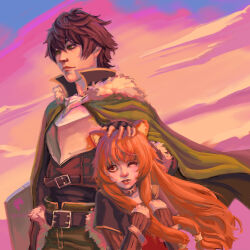  1boy 1girl absurdres arm_shield armor artist_logo artist_name belt belted_jacket black_armor black_belt black_dress black_hair black_shirt blue_sky brown_armor brown_dress brown_hair brown_jacket chest_guard child cloak closed_mouth clouds cloudy_sky collared_shirt commentary_request cropped_jacket dress fur-trimmed_armor fur-trimmed_jacket fur_trim gauntlets green_cloak green_eyes green_pants hair_tubes hand_on_another's_head hands_up high_collar highres holding holding_shield iwatani_naofumi jacket leather leather_armor leather_jacket legendary_shield_(tate_no_yuusha_no_nariagari) logo long_hair long_sleeves messy_hair metal_hair_tubes metal_wrist_cuffs one_eye_closed outdoors pants parted_lips pat_(patvit) photoshop_(medium) pink_sky raphtalia raphtalia_(young) red_dress red_eyes shield shirt short_hair short_sleeves sky straight_hair tate_no_yuusha_no_nariagari two-tone_dress upper_body watermark white_fur yellow_trim 