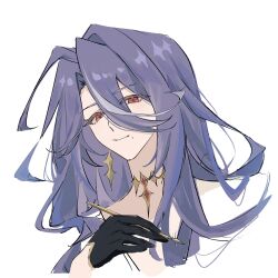  1boy ahoge black_gloves bo474 closed_mouth commentary curtained_hair earrings genshin_impact gloves hair_between_eyes highres holding holding_pen hroptatyr_(genshin_impact) jewelry long_hair male_focus mole mole_under_mouth necklace pale_skin pen purple_hair red_eyes single_earring sketch smile upper_body white_background 