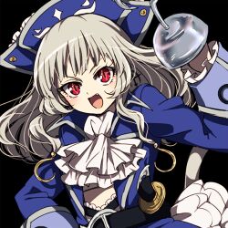  1girl akasata black_background captain_grace commentary_request earrings fang frilled_sleeves frills grey_hair hat hook jewelry long_hair lowres magical_girl mahou_shoujo_ikusei_keikaku mahou_shoujo_ikusei_keikaku_limited open_mouth pirate_costume pirate_hat red_eyes 
