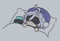  1boy ahoge artist_name black_mask blanket blue_hair blue_scarf closed_mouth collared_shirt covered_mouth eye_mask facing_viewer genshin_impact grey_background hat lying male_focus mask mitya_(genshin_impact) nightcap on_back on_bed pajamas panri pillow pom_pom_(clothes) purple_hat purple_pajamas purple_shirt scarf shirt short_hair simple_background sleeping smile solo wavy_hair 