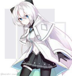  1girl belt black_bow black_gloves black_pantyhose black_skirt bow breasts closed_mouth clothing_cutout commentary_request duel_masters duel_masters_play's expressionless gloves gradient_clothes grey_hair hair_between_eyes hair_bow highres kanon_(duel_masters) leg_belt long_hair medium_breasts mocchiri_oimo navel_cutout pantyhose pleated_skirt skirt solo staff twitter_username white_belt 