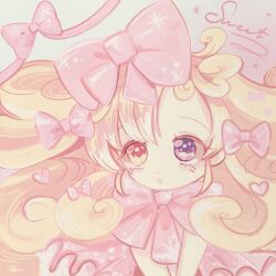  1girl babybweep blonde_hair bow bowtie curly_hair english_commentary english_text hair_ornament heart heart_hair_ornament heterochromia highres large_bow long_hair magical_girl mahou_shoujo_ikusei_keikaku mahou_shoujo_ikusei_keikaku_aces pink_bow pink_bowtie puk_puck sparkle 