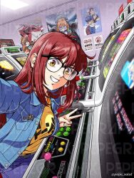  1girl arcade arcade_cabinet blue_jacket blue_pants breasts chun-li commentary denim denim_shorts donna_(jose_salot) earrings english_commentary film_grain hoop_earrings jacket jeans jewelry jose_salot large_breasts no_smoking original pants poster_(object) red_hair selfie shirt shorts solo street_fighter street_fighter_ii_(series) twitter_username v watermark watermark_grid yellow_eyes yellow_shirt 