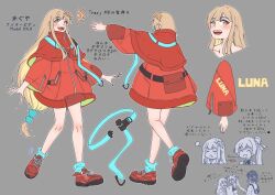  3girls adapted_costume blonde_hair blue_socks blush brown_eyes capelet cho_kaguya-hime! closed_eyes commentary_request full_body grey_background jacket kaguya_(cho_kaguya-hime!) kaguya_(ray)_(cho_kaguya-hime!) kaguya_(tsukuyomi)_(cho_kaguya-hime!) long_hair low-tied_long_hair multiple_girls multiple_views open_mouth orange_capelet orange_hair orange_jacket orange_shoes reference_sheet rex_minami21 runami_yachiyo runami_yachiyo_(tsukuyomi) sakayori_iroha shoes sidelocks simple_background socks translation_request very_long_hair 