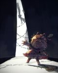  1girl 2girls baseball_bat blonde_hair chains commentary creepy doll door koto_inari medicine_melancholy multiple_girls outstretched_arms sad stitches touhou 