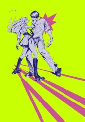  1boy 1girl belt coffee_(ccffeee) commentary green_background greyscale_with_colored_background high-waist_skirt highres kneehighs kotani_kaboku long_hair loose_necktie miniskirt necktie official_art pleated_skirt school_uniform shirt shoes skirt sleeves_rolled_up socks striped_clothes striped_necktie untucked_shirt wanda_hikari wondance 