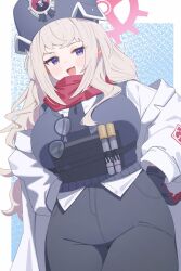  1girl black_gloves black_hat black_pants blonde_hair blue_archive blush breasts coat commentary_request erina_(blue_archive) gloves halo hat highres huge_breasts long_sleeves looking_at_viewer multicolored_gloves navel off_shoulder open_clothes open_coat open_mouth pants purple_halo red_gloves red_scarf sainarohh scarf shirt smile solo two-tone_gloves unworn_eyewear violet_eyes white_coat white_shirt 