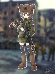  1girl :o ak-12 animal_ears assault_rifle black_thighhighs blunt_bangs blush body_armor boots bow brown_boots brown_hair brown_helmet brown_jacket camouflage_armor cheburashka cheburashka-chan_(malenkiymozg) check_weapon commentary_request english_text fake_animal_ears flag_patch full_body fur_boots fur_helmet green_skirt gun helmet highres holding holding_gun holding_weapon hood hooded_jacket jacket jephy_0 kalashnikov_rifle korean_commentary laser_sight looking_at_viewer medium_hair military_uniform miniskirt mouse_ears original patch photo_background ribbon_of_saint_george rifle russian_ground_forces russo-ukrainian_war skirt soldier solo suppressor thigh-highs torn_clothes torn_thighhighs weapon weapon_request z_(russian_symbol) 