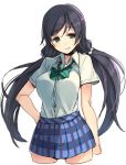  1girl bangs blue_skirt blush breasts closed_mouth collared_shirt cowboy_shot cropped_legs eyebrows_visible_through_hair green_eyes half-closed_eyes large_breasts light_smile long_hair looking_at_viewer love_live! love_live!_school_idol_project low_twintails paseri plaid plaid_skirt pleated_skirt purple_hair shirt short_sleeves simple_background sketch skirt solo tareme toujou_nozomi twintails very_long_hair white_background white_shirt 
